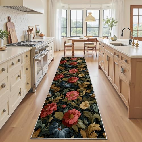 Landhaus Blumenmotiv Teppich Läufer 80x350 cm, Botanisch Blätter Floral | Läufer Flur Lang Küchenläufer, Boho Vintage Blumen Küchenteppich Waschbar Rutschfest, Flurteppich fur Eingang Wohnzimmer