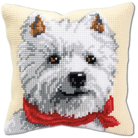 Vervaco Kreuzstich Stickpackungen Kissen Stickerei Set Anfänger Vorgedruckt Westie DIY Set Kreativ Set Für Erwachsene Dekoratives Kissen ca. 40 x 40 cm Bastelset Handwerker Haus Dekoration
