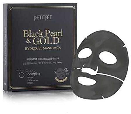 Petitfee - Maschera viso lenitiva in idrogel con estratti di perla nera e oro, confezione da 5 unità, con 5 complessi attivi di carbone nero