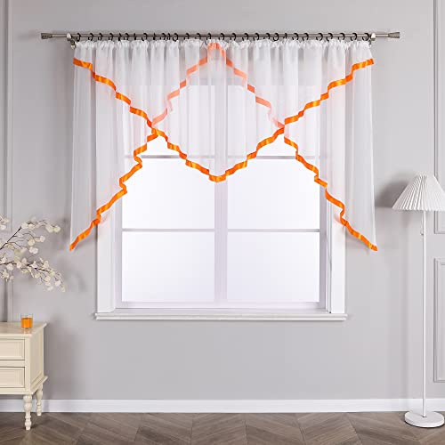 Joyswahl Scheibengardine Voile Bistrogardinen mit Satinband Raffrollo mit Kräuselband Kuvertstore HxB 145x450cm Orange 1er Pack