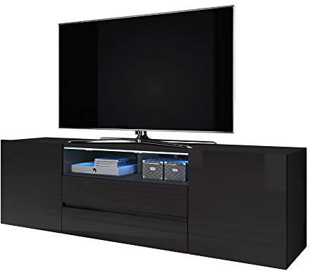 Selsey Bros - Meuble TV Bas/Meuble TV Noir Mat/Noir Brillant avec éclairage LED Debout Moderne