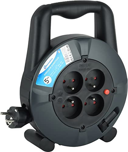 Electraline 28907 Avvolgitore prolunga domestica sezione cavo 3G1mm², 5Mt, 4 prese 16A, nero