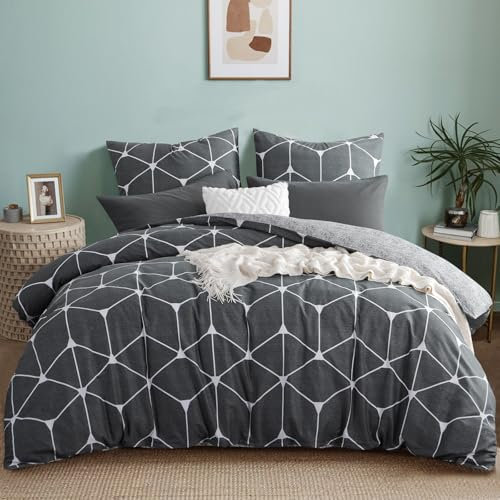 RUIKASI Bettwäsche 200x220 Baumwolle 3 teilig Anthrazit - Baumwollbettwäsche 200 x 220 mit Geometrie Muster, Bettbezug Set 220x200 Cotton mit Reißverschluss
