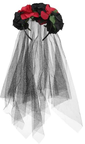 Lurrose Rose Floral Couronne Voile Costume d'Halloween avec bandeau mexicain Day of the Dead Headpiece pour festival Carnival Party (motif rouge et noir)