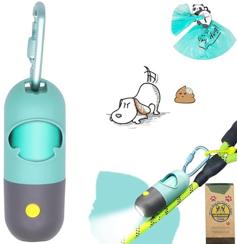 Dog Poop Bag Holder with LED Flashlight for Night Walks,Silicone Tether & Panda Pattern Clip for Used Bags, Hands-Free Metal Leash Carabiner, Includes 15 Scented Waste Bags (Crystal Blue)