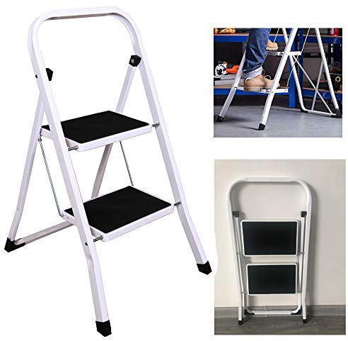 Trittleiter Klapptritt, Stehleiter klappbar, Haushaltsleiter Stufenleiter Metall, Stufenstehleiter 150 kg Tragkraft, Leiter mit 2 Stufen, Stahlleiter, Anti-Rutsch-Füße, vom TÜV Rheinland geprüft