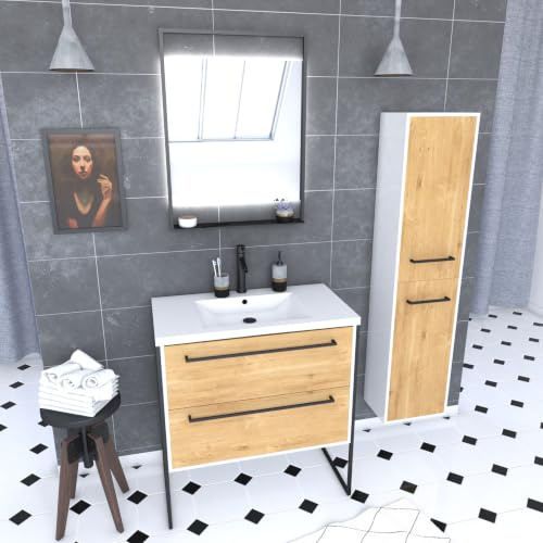 AURLANE Meuble Salle de Bains 80 cm, Vasque Blanche, Miroir LED et Colonne - Blanc et Chêne - STRUCTURA