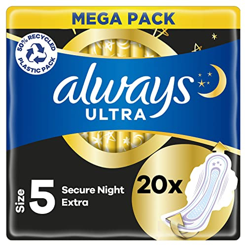 Always Ultra Damenbinden Secure Night Extra (Größe 5) Flügel, 80 Stück, super saugfähig, ultradünn, neutralisiert Gerüche, rundum deckend