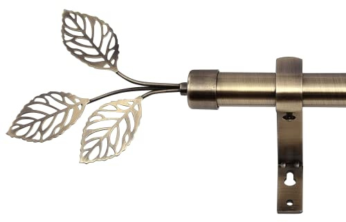 RYB HOME Brass Curtain Rod for Windows 72 to 144 Long, 1 inch Diameter, Metal Single Adjustable Telescoping Curtain Pole with Leaf Design Finish for Living Room Bedroom, Antique Brass