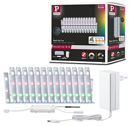 Paulmann 78867 LED Stripe MaxLED 250 Basisset Smart Home Zigbee 5m IP44 22W 1000lm 30LEDs/m RGBW+ 36VA dimmbar Silber Kunststoff
