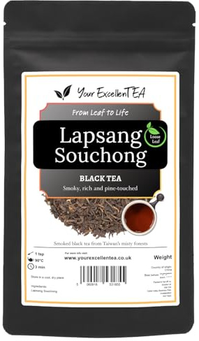 Lapsang Souchong Pine-Smoked Loose Leaf Black Tea, Smooth, 500g | Distinct smoky character with pine aroma and a clean finish, ideal for everyday brewing, packed in a resealable pouch.