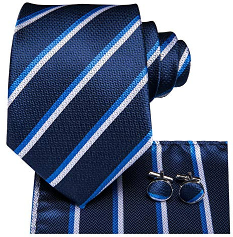 Hi-Tie Herren Seiden Krawatte Set Dunkelblau Streifen Jacquard Krawatte mit Einstecktuch Manschettenknöpfe Für Hochzeit