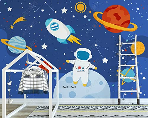 Fototapete 3D Effekt 3D Tapete Cartoon Astronaut Weltraum Planet Rakete Stern Himmel Kinder Wanddekoration Aus Vliesstoff 400(W) X280(H) Cm