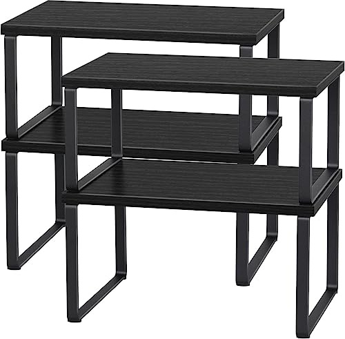 YBING 4er Set Thekenregal, Schrank Regal, Stapelbares und Erweiterbares Lagerregal für Küchenschränke Utensilien, Geschirr, Konservendosen, Gewürze, Rustikale Gewürzregal (Schwarz)