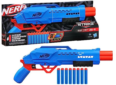 Nerf Alpha Strike Big Cat DB-2 Blaster,Double-Barrel Blasting, Fires 2 Darts in a Row,Includes 8 Official Nerf Elite Darts,(F2463)