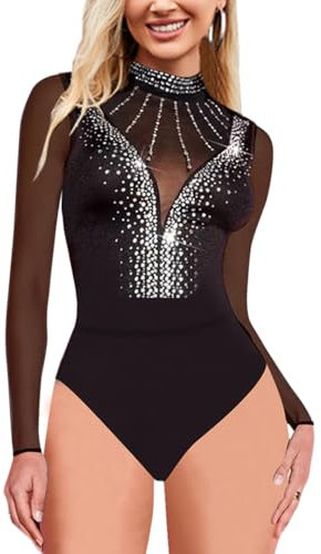 SEBOWEL Damen Sexy Sheer Mesh Body Strass Durchsichtige V-Ausschnitt Bodysuit Tops Schwarz L