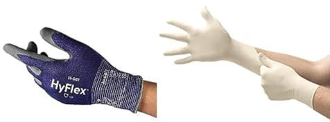 HyFlex 11-561 Schnittschutz-Handschuhe, Atmungsaktive Nitril-beschichtung, Blau, Größe L (1 Paar)+TouchNTuff 69-318 Latex Einweghandschuhe, Professionelle Schutzhandschuhe Weiß Größe L(100 Handschuhe)