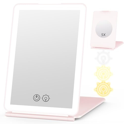 WEILY Espejo Maquillaje con Luz, 5X Espejo Aumento, 3 Regulable Colores Pantalla Táctil Espejo Led, Espejo Tocador USB Recargable para Viajes (Rosa)