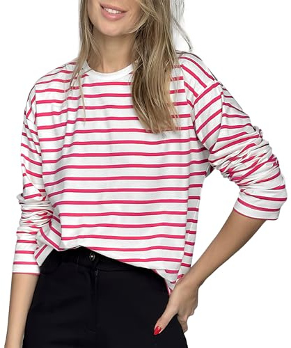 MGizo DtiSpectrum Camiseta Clásica De Manga Larga A Rayas Elásticas De Algodón De Ajuste Holgado para Mujer Tops con Cuello Redondo Usable Durante Todo El Año