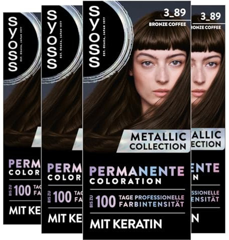 SYOSS Color Coloration Metallic Collection 3–89 Bronze Coffee (4x 115ml) permanente Coloration für leuchtende Metallic-Reflexe für bis zu 100% Grauhaarabdeckung & bis zu 10 Wochen Farbintensität