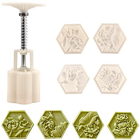 Chinesische Set aus Formen für Mondkuchen， Mondkuchenform mit 4 Ausstechformen mit einstellbarer，DIY Mond Kuchen Pressformen (S)