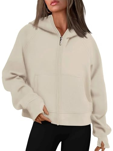 Timuspo Hoodie Damen Classics Sweatshirt Hoody Pullover Oberteile Zip Up Kurze Jacke mit Kapuze Reißverschluss Y2k Sweatjacke Beige M