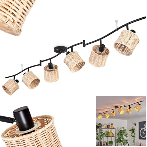 HOFSTEIN Deckenleuchte Cavaca, verstellbare Deckenlampe aus Metall/Rattan in Schwarz/Naturfarben, moderne Leuchte im Boho/skandinavischen-Design, 6 x E14, Esszimmmer, Schlafzimmer, Wohnzimmer, Küche