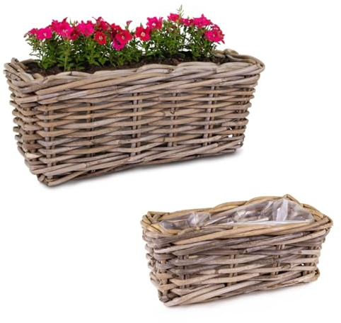 Pflanzkübel Premium Kubu Rattan-Körbe als Pflanztöpfe für außen - 2x eckige Pflanzkästen als wetterfeste Blumentöpfe in 24, 40 cm - Große Pflanzkörbe als Blumen-Korb und Pflanzen-Topf