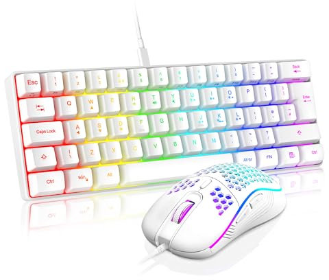 RedThunder 60% RGB Gaming Keyboard and Mouse Combo,UK Layout Ultra Compact Backlit Mini Keyboard, Lightweight 7200 DPI Cellular Optical Mouse, Portable Wired Gaming Set for PC PS5 Gamers (White)