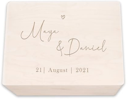 hellomini Personalisierte Erinnerungskiste aus Holz - Geschenk zur Hochzeit | Individuell mit Namen & Datum - Hochzeitsgeschenk/Hochzeitskiste (Herz, L: 40x30x23cm)
