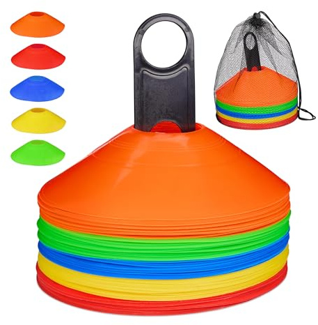 Relaxdays Markierungshütchen Fußball, 50er Set, 5 Farben, Halter & Tragetasche, HxD: 5 x 19 cm, PE, Fußballhütchen, bunt