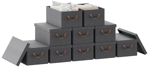 WOLTU Faltbare Aufbewahrungsboxen 10 Stück, mit Deckel, Grau, 48x29x20cm | aus Polyesterstoff, für Schlafzimmer, Arbeitszimmer, Wohnzimmer, Organizer Box mit Griffen, faltbar,