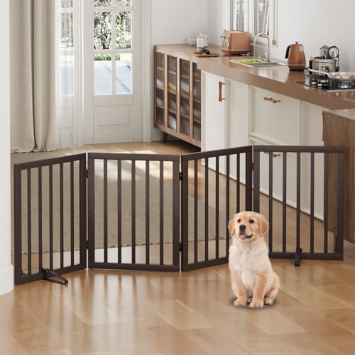 Hundgrind, fristående hundgrindar för dörröppningar, vikbar hundgrind inomhus, husdjursgrindar för dörröppningar, sovrum, valpgrind med metallstöd, rumsavdelare 4 paneler (brun)