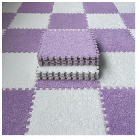 Plüsch Schaumstoff Bodenmatte, Spielmatte mit Fliesen, Plüschschaum, quadratische Bodenmatten mit Rand, ineinandergreifende, Flauschige Fliesen, quadratisches Puzzle-Boden, 12 Stück(Purple+White)