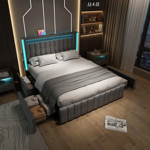 Aoskem Polsterbett Doppelbett 160x200 mit 4 Stauraum Schubladen, LED-Kopfteil mit USB/TypC-Ladefunktion, Stauraumbett Bettgestell mit Lattenrost, Jugendbett Funktionsbett, Ohne Matratze, Leinen Grau