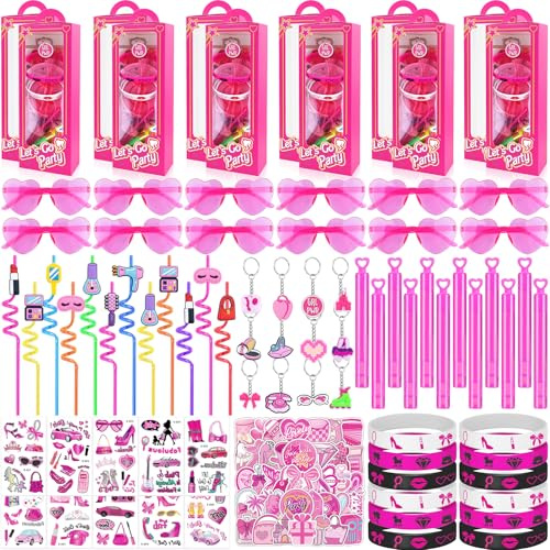 We1stdsee 184Pcs Pink Girls Party Favors Pack - For 12Guests, Includ Goodie Box Heart Glasses Straws Bubble Wands Tattoo Sticker Bracelet Keychain, for Kids Girls Birthday Party Decoration Supplies