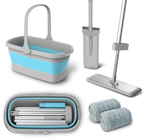 Kenshire Mocio piatto in alluminio premium da 400 mm con set di secchio pieghevole e panni microfibra riutilizzabili per mocio a mani libere spremere 134 cm manico bagnato
