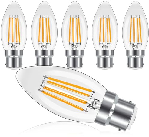 ProCrus B22 LED Candle Light Bulbs Bayonet Cap 4W,35W Equivalent,Warm White 2700K,Bayonet Dimmable Led Bulb,C35 Filament LED Candle Bulb,350LM,Clear Glass,6 Pack