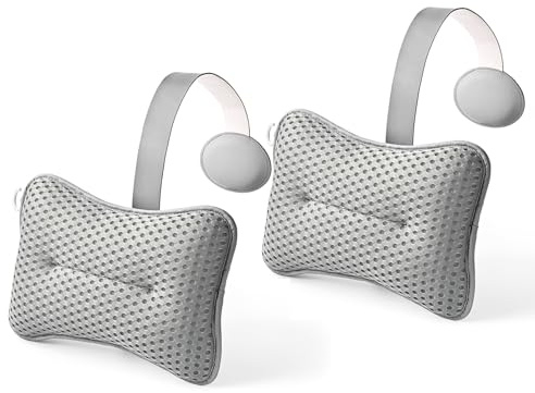 HUGABOW Großes Kissen für Whirlpool (grau), Spa und Chaiselongue – Universal-Kopfstütze und Nackenstützkissen, höhenverstellbar mit langem Gurt, einfaches Trocknen mit Haken, 2 Stück