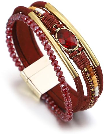 LSZBYHOK Edelstein Armband Damen, Handgefertigtes Mehrschichtiges Boho- Armband, Modische Wickelarmbänder Aus Leder Mit Perlen Und Kristallanhängern, Für Frauen Und Männer, Rot
