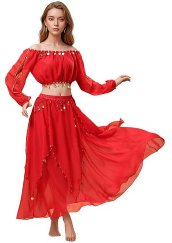 Baisdan Costume da Danza del Ventre Donna, Top Crop con Monete e Chiffon Gonna da Danza del Ventre per Halloween, Spettacoli, Carnevale e Feste a Tema