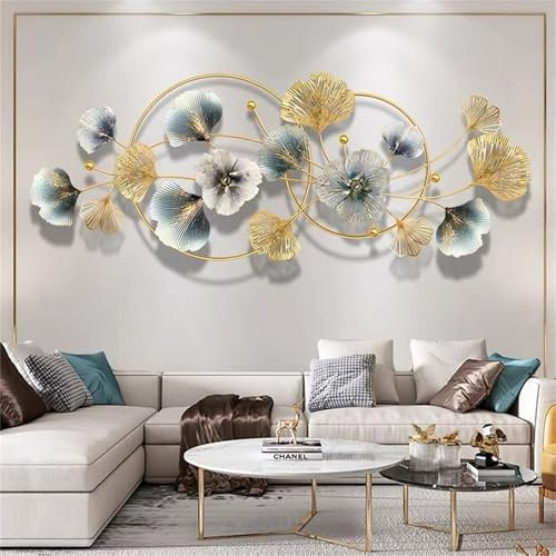acfeco 3D Wanddeko Metall, Wanddeko Handgemachte Modern, Gingko Wandskulpturen, Wanddekoration Luxus für Wohnzimmer flur Büro Schlafzimmer Hotel Esszimmer, 52X122cm