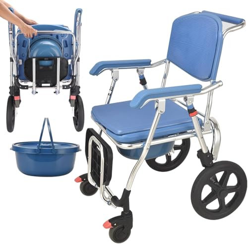 GHCCDAM Fahrbarer Toilettenstuhl Für Senioren Toilettenstühle Mit Rollen, Für Behinderte Ältere Menschen, Duschstuhl Klappbar, Rollen Duschrollstuhl, Faltbarer Multifunktions Rolltransportstuhl