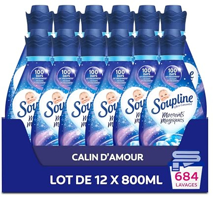 SOUPLINE - Adoucissant Linge Concentré 3D Moments Magiques Câlin d'Amour, Assouplissant Linge Idéal pour Votre Lessive, Assouplissant Textile Liquide, Soupline Lot de 12x800 ml