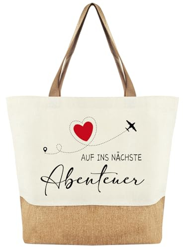 Jutepåse med slogan på nästa äventyr – jutetygväska resenärer, jute-bomullspåse som avskedspresent till kollega, presenter till kvinnor flickvän kollega pensionär