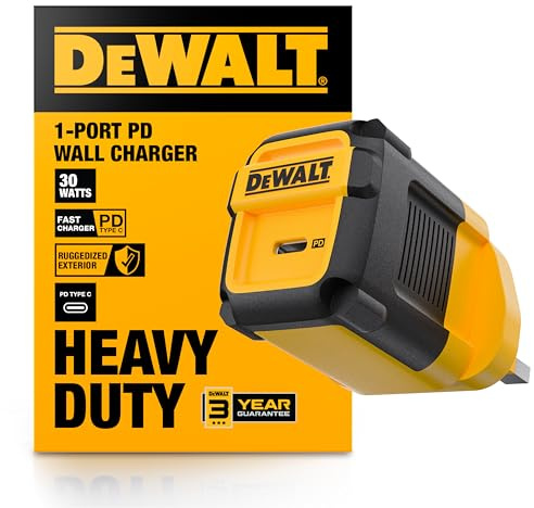 DEWALT Heavy Duty 30W PD USB Wall Charger, Worksite USB-C Chargers, Type C Fast Charger, UK Plug, Compatible with iPhone 16 15 14 13 12 Pro Max iPad Pro