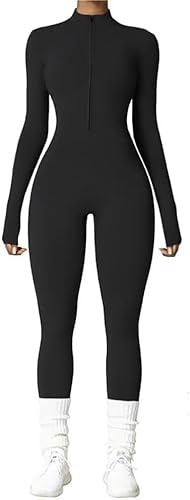 Vmhkjo Jumpsuit Women's Long Tight Thermal Long Sleeve Zip Jumpsuit One-Piece Yoga Bodycon Bodysuit Slim Fit Warm Lined Full Body Suit, black, S