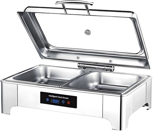 Chafing Dish Elektrisch, Edelstahl Speisewärmer Buffetwärmer Glasdeckel | 9L Einstellbare Temperatur Warmhaltebehälter Essen für Buffets und Partys, Touch-Temperaturregelung (30-85℃)