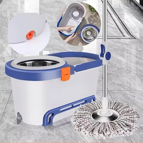 360° Spin Mop and Buckets Sets with 2 Thick Reusable Microfibre Pads, Hands-Free Cleaning System with Microfiber Mop Head, Lightweight for Hardwood, Tile and Laminate Floors - Grey