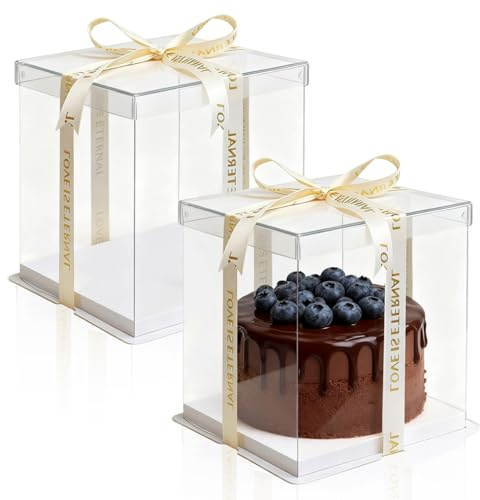 TFLPUO 2 Stück Geschenkbox Durchsichtig, Tortenbox mit Band 22 x 22 x 24cm Doppelte mit Deckel Tortenschachtel in Würfelform für Obstkuchen Desserts Geschenke